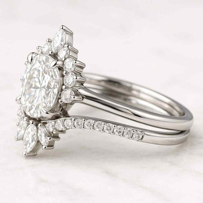 Oval Shaped Moissanite Trio Bridal Ring Set Engagement ring set 14K Solid Gold Diamond With Plain Wedding Anniversary Gift Ring Set Her