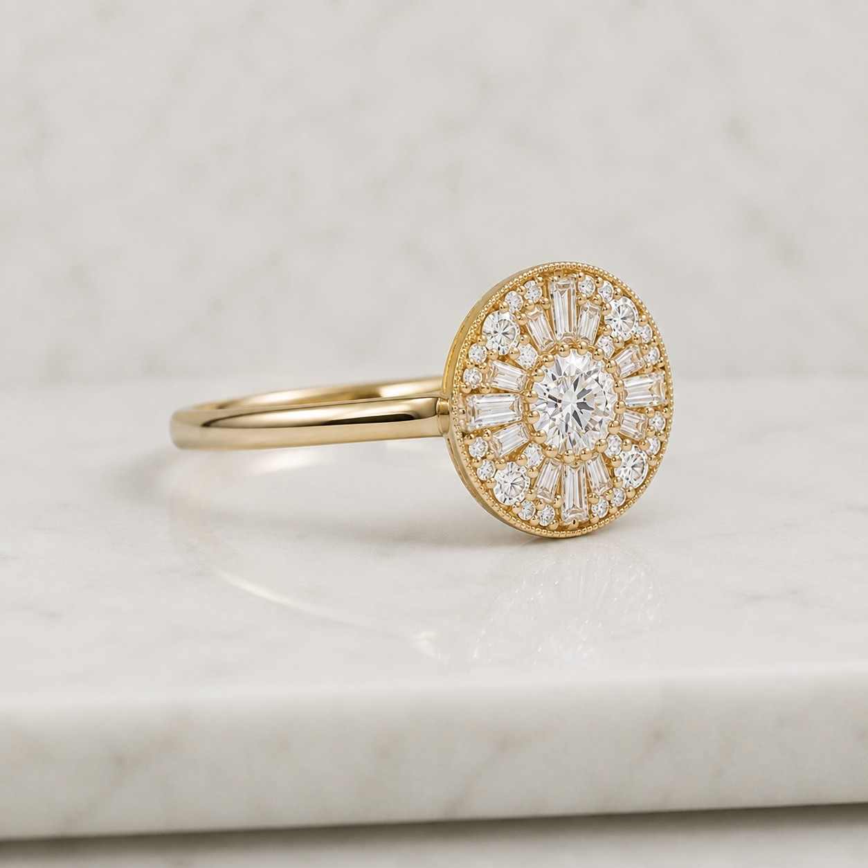 oval sunburst halo ring: art deco baguette & round diamond cluster engagement ring radiant gold
