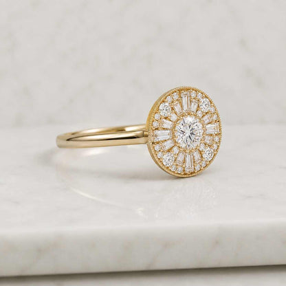 Oval Sunburst Halo Ring: Art Deco Baguette & Round Diamond Cluster Engagement Ring Radiant Gold
