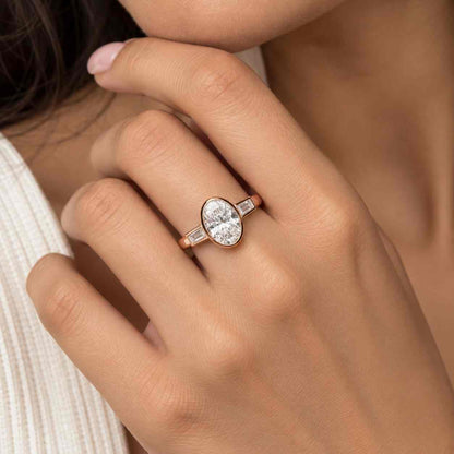 Oval Three Stone Ring Lab Grown Diamond Engagement Ring, Oval Trilogy Ring for Anniversary Gift, Side Baguette Three Diamond Proposal Ring
