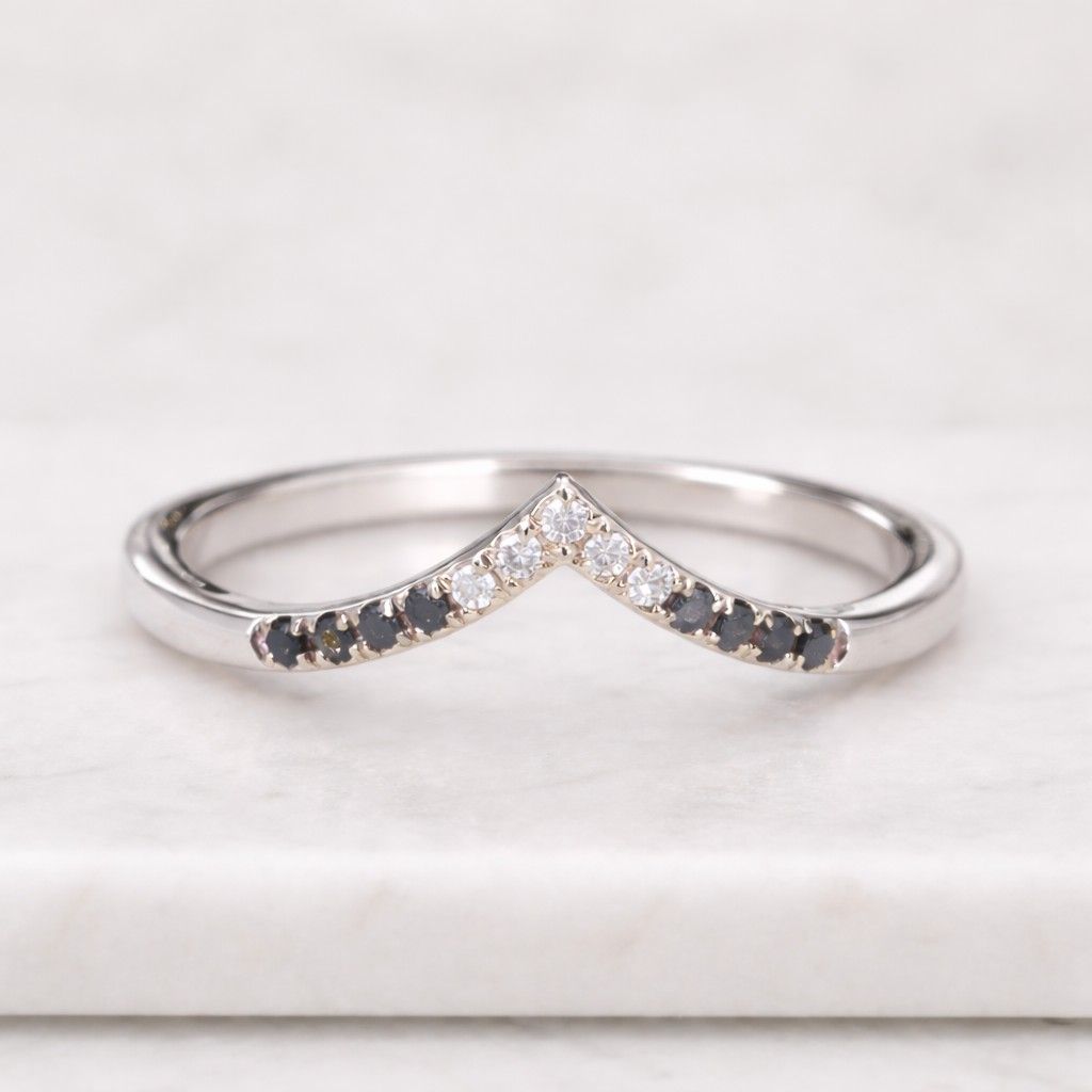 Curved black diamond wedding band solid 14k white gold stacking matching moissanite bridal anniversary ring women gift jewelry
