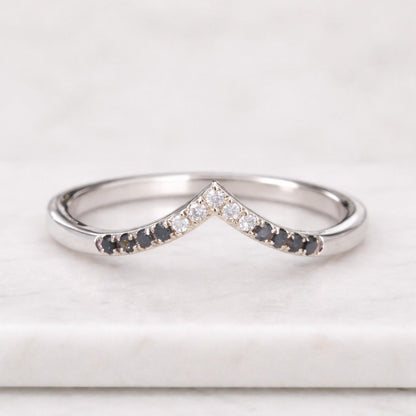 Curved black diamond wedding band solid 14k white gold stacking matching moissanite bridal anniversary ring women gift jewelry
