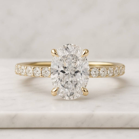 Oval Wedding Ring Set Gold Custom Christmas Ring Set Vintage Hidden Pave Moissanite Basket Set Ring