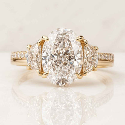 Oval and Half Moon Three Stone Lab Diamond Engagement Ring
