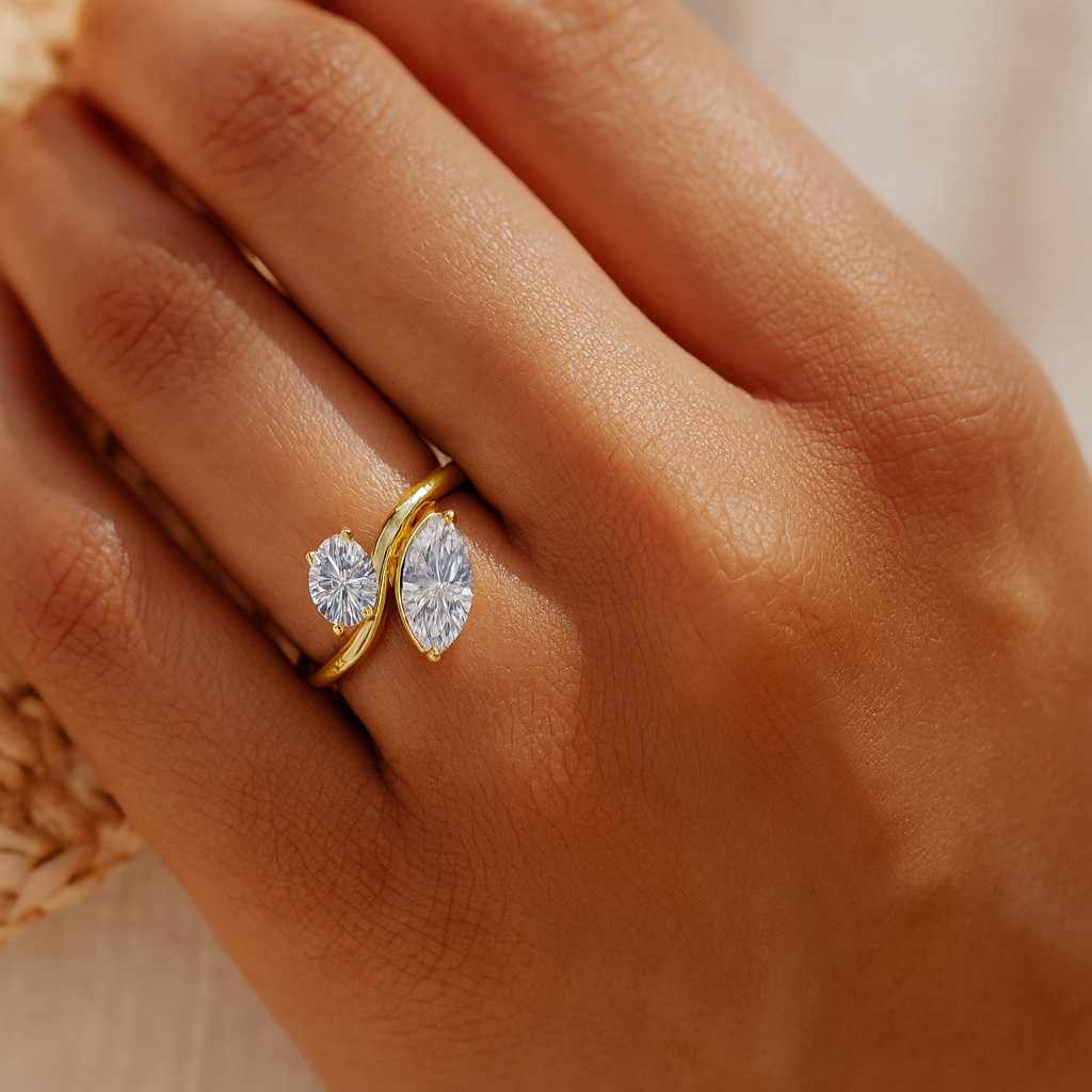 oval and marquise cut lab grown anniversary ring two stone cluster ring curved band prong setting wedding ring 14k solid yellow gold ring