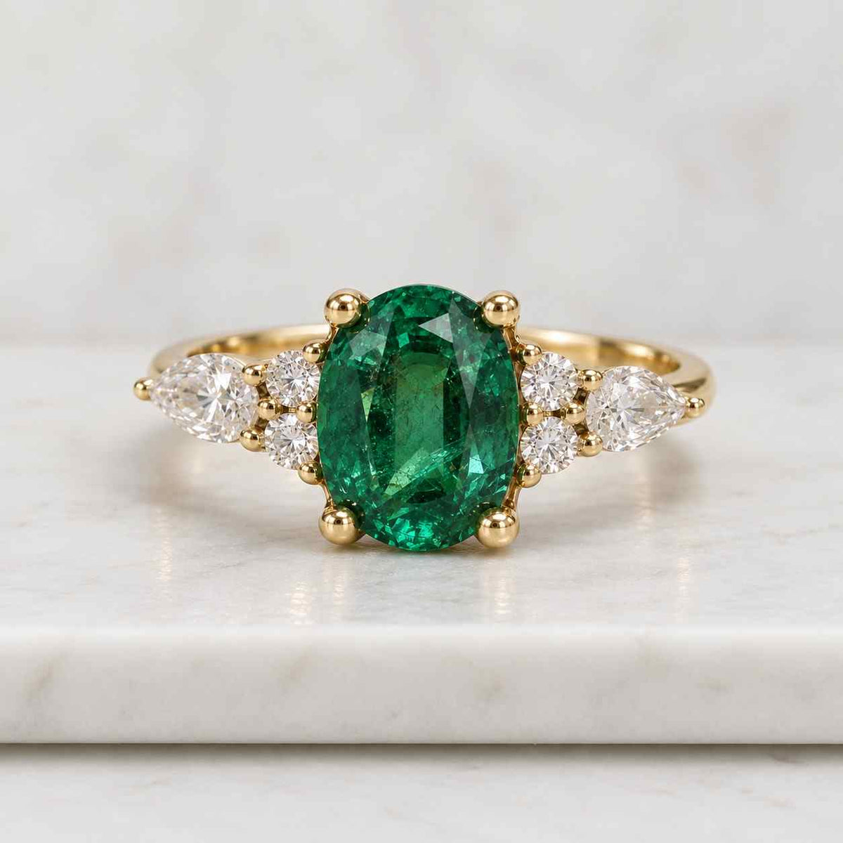 Oval cut Emerald engagement ring vintage 14K yellow gold Unique Marquise cut Diamond cluster engagement ring women Bridal Promise gift

