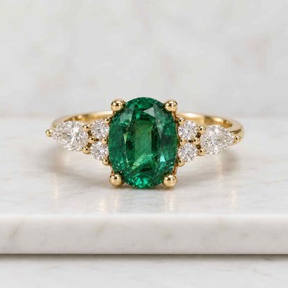 Oval cut Emerald engagement ring vintage 14K yellow gold Unique Marquise cut Diamond cluster engagement ring women Bridal Promise gift
