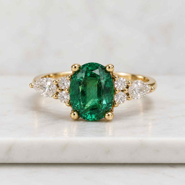 Oval cut Emerald engagement ring vintage 14K yellow gold Unique Marquise cut Diamond cluster engagement ring women Bridal Promise gift
