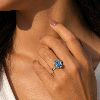 Oval cut Natural London Blue Topaz Bridal ring Solid gold engagement ring Moissanite cluster ring Anniversary gifts Blue gemstone ring
