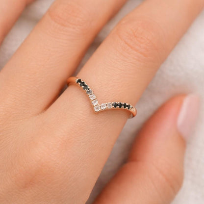 Minimalist Curve Black Diamond Wedding Band, Vintage Black Onyx Wedding Rings For Women, Solid Gold Adjustable Stacking Promise Ring Gifts
