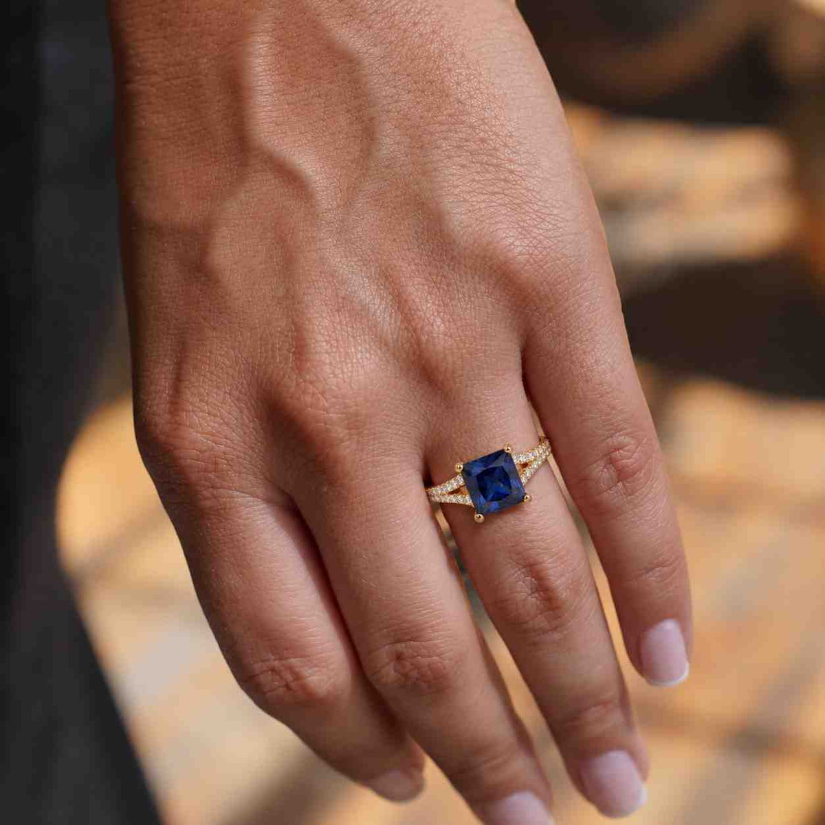 Oval cut lab blue sapphire engagement ring, Vintage solitaire anniversary bridal white gold ring, Promise bezel set split shank wedding ring
