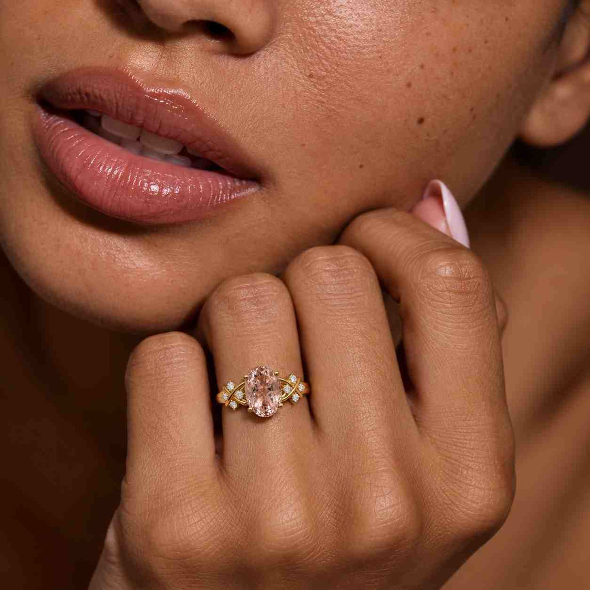 oval cut pink morganite ring vintage leaf cluster nature inspired engagement ring 14k rose gold unique diamond promise ring women
