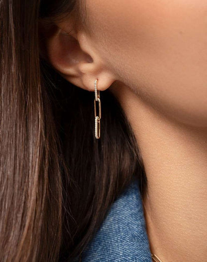 Paperclip Diamond Dangle Earrings Solid Gold Paperclip Chain Natural Diamond Drop Studs Chain Link Hanging Earrings