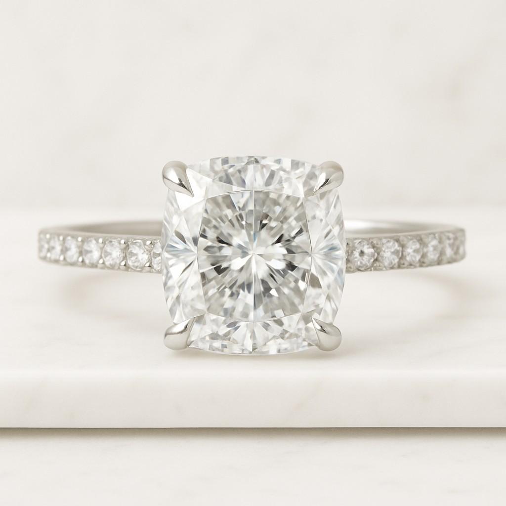 Pave Cathedral Setting Anniversary Ring for Gift IGI Certified Ring Elongated Crushed Ice Cushion Cut Solitaire Moissanite Wedding Ring