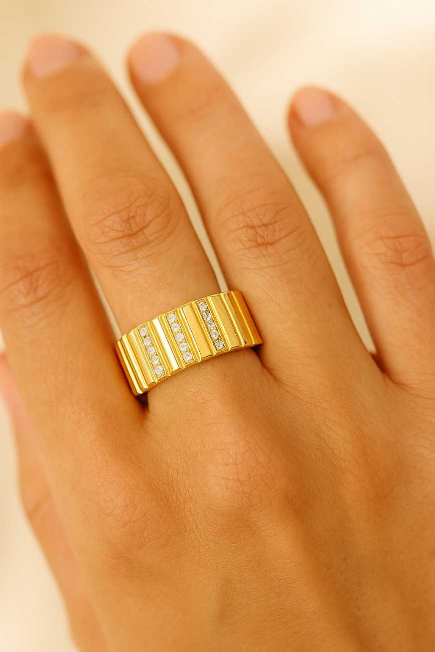 Pave Diamond Accents, 18k Solid Gold Band, Wide Band