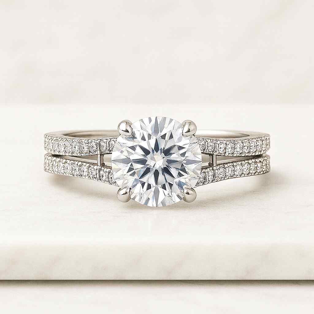 Pave Diamond Dome Ring Round Moissanite Diamond Wedding Ring 18K Gold Engagement Ring Woman's Wedding Promise Ring Anniversary Gift Ring