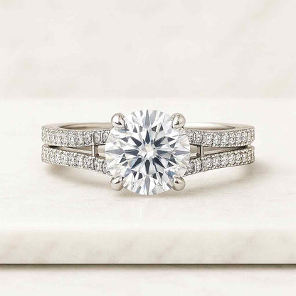 Pave Diamond Dome Ring Round Moissanite Diamond Wedding Ring 18K Gold Engagement Ring Woman's Wedding Promise Ring Anniversary Gift Ring