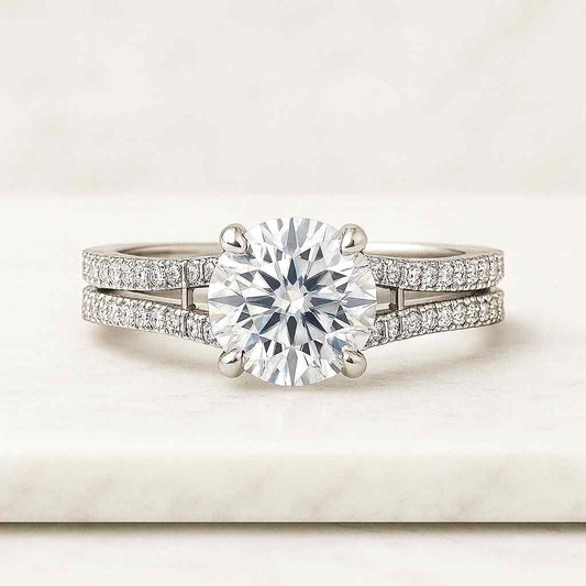 Pave Diamond Dome Ring Round Moissanite Diamond Wedding Ring 18K Gold Engagement Ring Woman's Wedding Promise Ring Anniversary Gift Ring