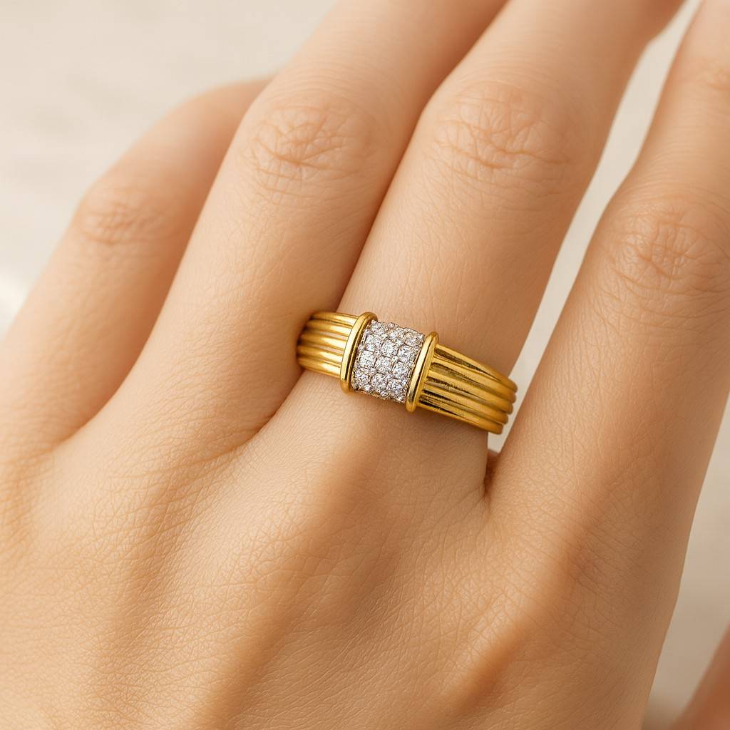 Pave Dome Ring Yellow Gold Lab Grown Diamond Wedding Jewelry Handmade Chunky Ring