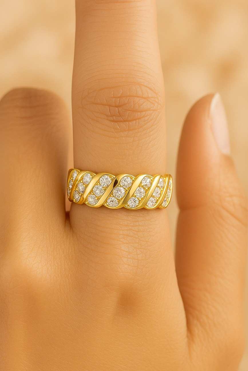 Pave Moissanite Dome Wedding Band Ring Bold Gold Sterling Silver 925 Stacking Ring Dainty Anniversary Ring for Women