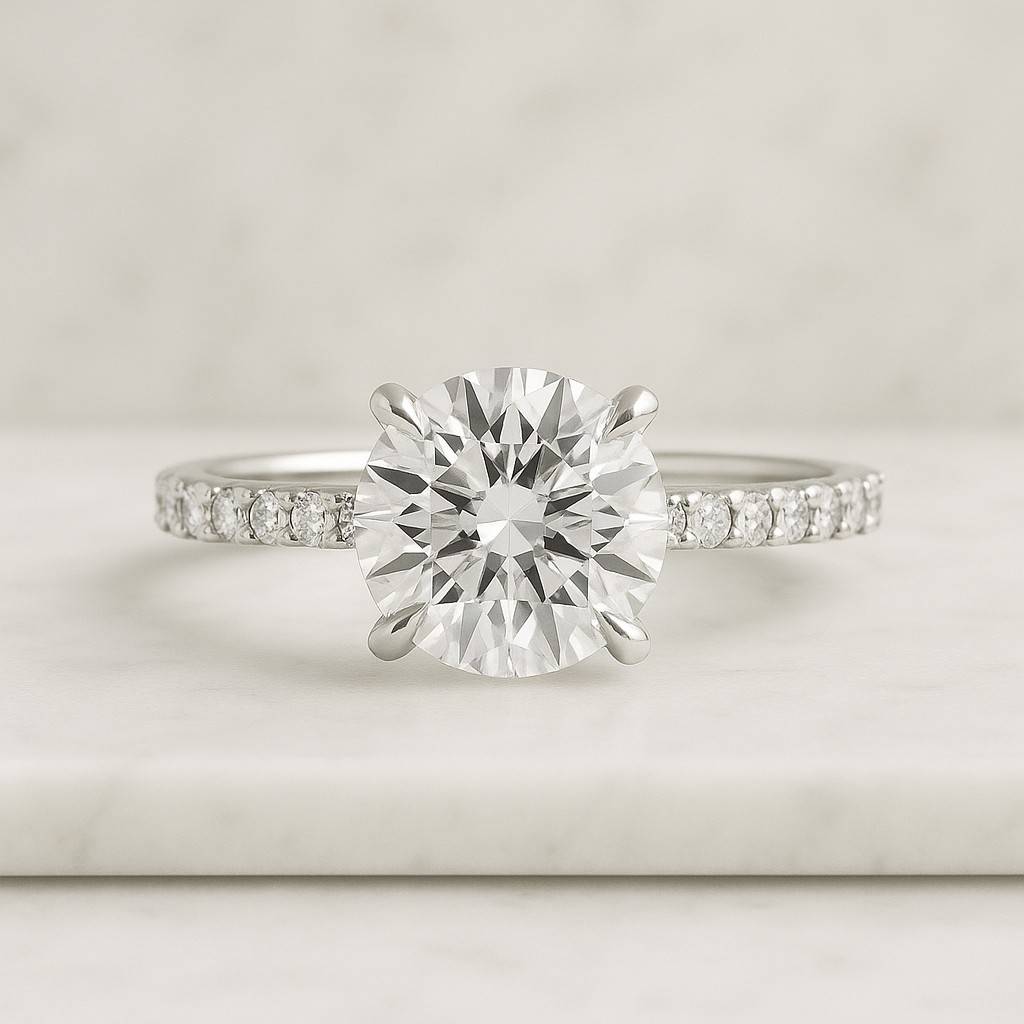 Pave Round Diamond Moissanite Engagement Ring Lab Grown Diamond Matching Wedding Band