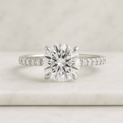 Pave Round Diamond Moissanite Engagement Ring Lab Grown Diamond Matching Wedding Band