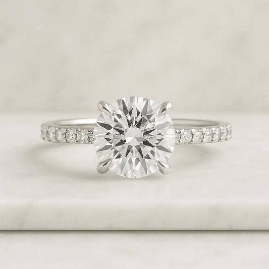 Pave Round Diamond Moissanite Engagement Ring Lab Grown Diamond Matching Wedding Band