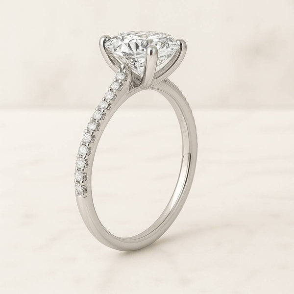 Pave Set Side-Stone Round Moissanite Diamond Engagement Ring
