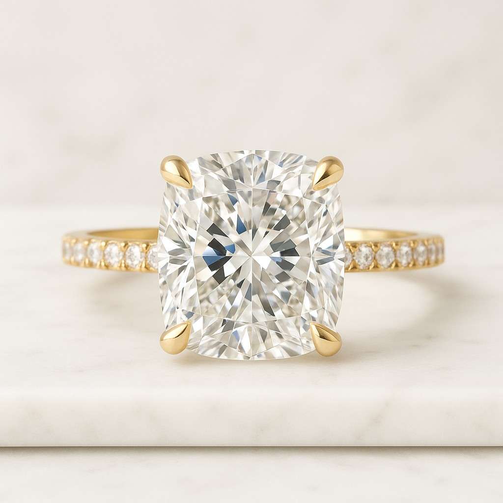 Pave Set Side Stone Round Moissanite Engagement Ring 14k Solid Gold Moissanite Ring for Women