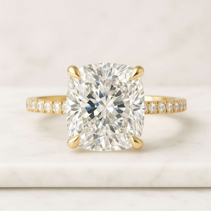 Pave Set Side Stone Round Moissanite Engagement Ring 14k Solid Gold Moissanite Ring for Women