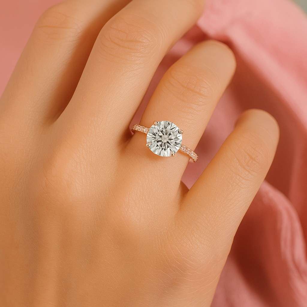 Pave Set Side Stone Round Moissanite Engagement Ring 14k Solid Gold Moissanite Ring for Women