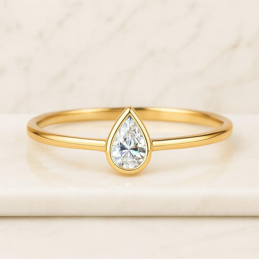 Pear Cut Diamond Engagement Ring Lab Grown Diamond Ring Bezel Set Pear Diamond Solitaire Ring