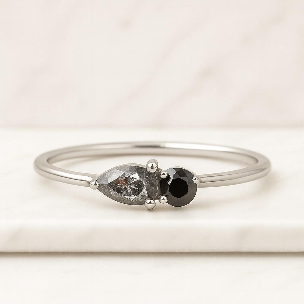 Pear Cut Eco Friendly Diamond Solitaire Engagement Ring Natural Salt and Pepper Diamond Bridal Set Platinum Pear Cut Black Diamond Engagement Ring Set