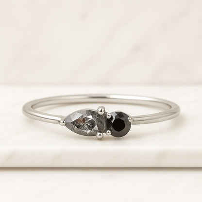 Pear Cut Eco Friendly Diamond Solitaire Engagement Ring Natural Salt and Pepper Diamond Bridal Set Platinum Pear Cut Black Diamond Engagement Ring Set