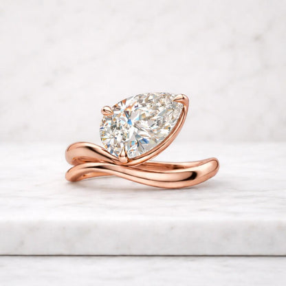 Pear Cut Lab Diamond East West Engagement Ring, Curved Wave Band, 14K Gold Solitaire Bridal Jewelry