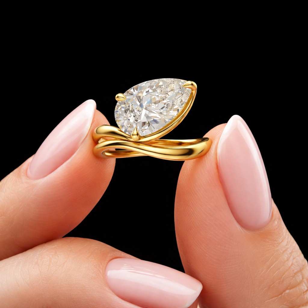 East To West Style TearDrop Ring, Curved Band Ring, 10x7 MM Pear Cut Moissanite Anniversary Ring, 10k Yellow Gold Solitaire Proposal Ring