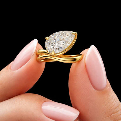 East To West Style TearDrop Ring, Curved Band Ring, 10x7 MM Pear Cut Moissanite Anniversary Ring, 10k Yellow Gold Solitaire Proposal Ring