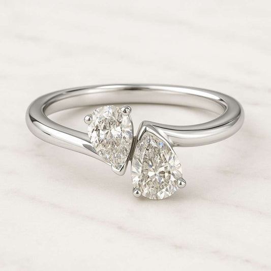 Pear Cut Engagement Ring Pear Side Stone Two Stone Toi et Moi Ring 14K Gold Pear Diamond Bypass Ring