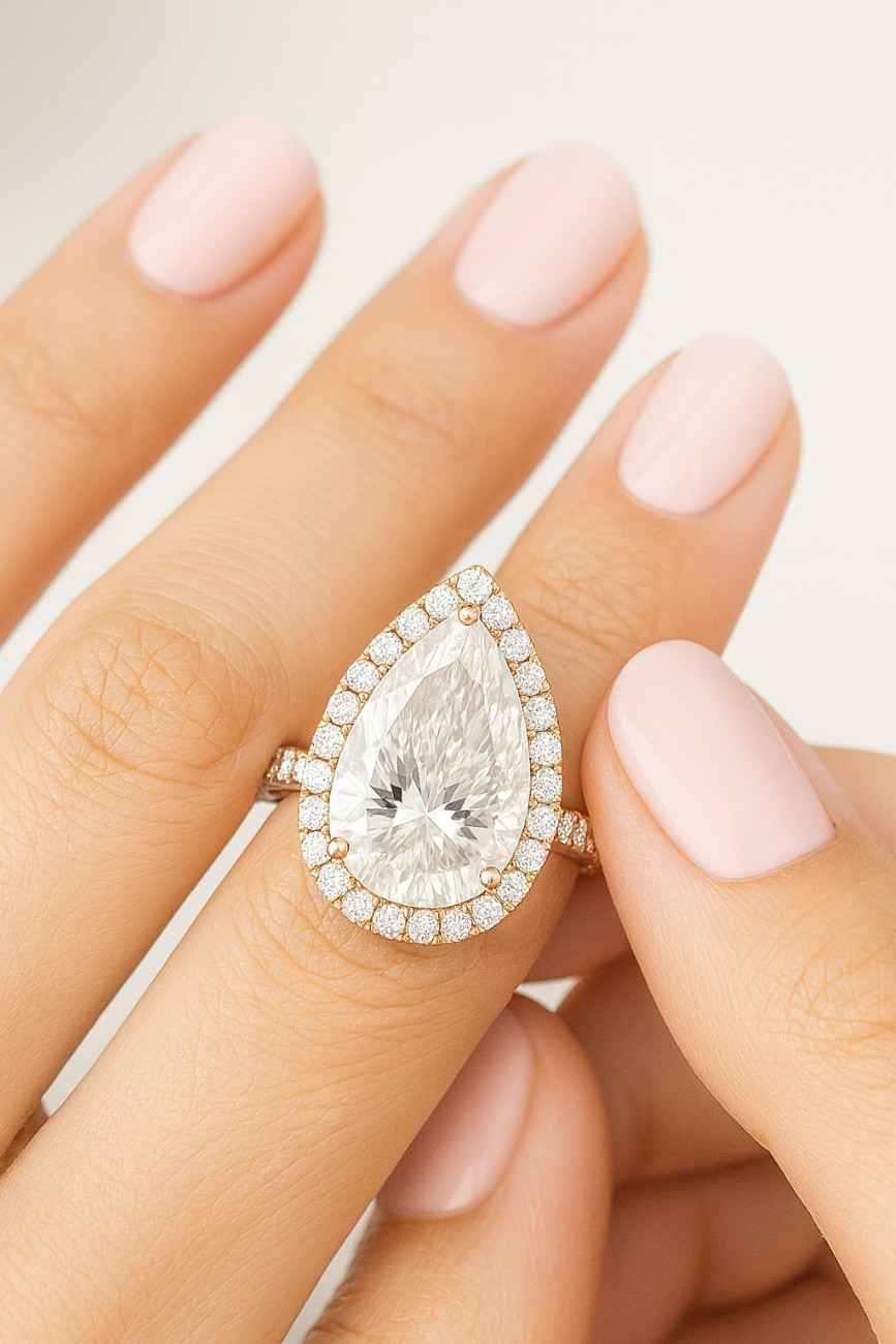 Pear Cut Halo Lab Grown Diamond Engagement Ring Pave Band