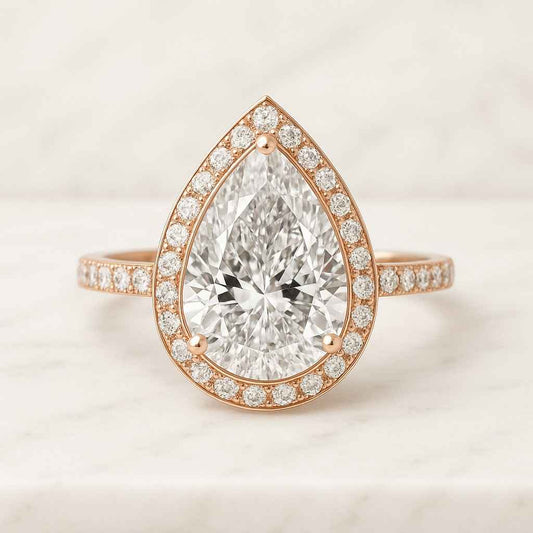 Pear Cut Lab Grown Diamond Engagement Ring 14K Solid Gold Halo Eternity Ring Pear Cut Diamond Ring for Her IGI Certified Ring