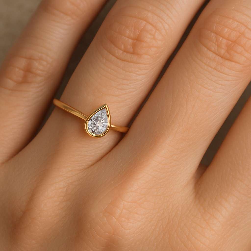 Pear Cut Moissanite Diamond Ring Bezel Set Moissanite Ring Solitaire Engagement Ring