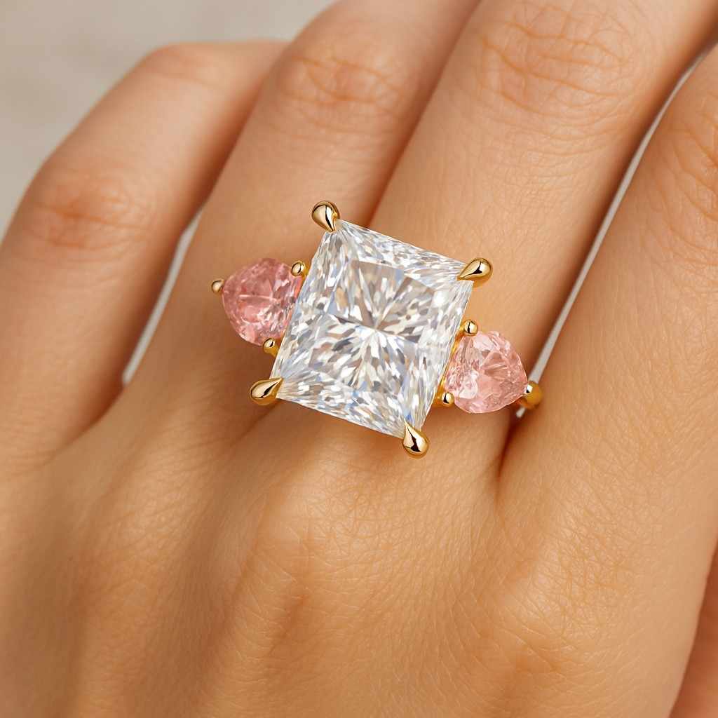 Princess Diamond Engagement Ring Genuine Lab Grown 3 Diamond Ring Side Pear Cut Diamond Anniversary Ring Diamond Trilogy Ring for Wife Gift