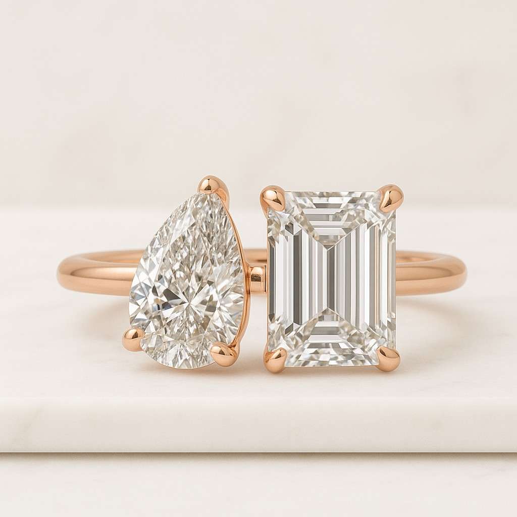 Pear Emerald Cut Moissanite Engagement Ring Bezel Set Toi Et Moi Ring 14K Solid Gold Two Stone Promise Ring You and Me Ring for Girl's