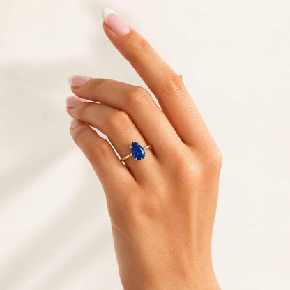 Pear Cut Blue Sapphire Solitaire Ring, 14K Gold Engagement Ring, Minimalist Gemstone Anniversary Promise Ring for Her, Fine Jewelry Gift

