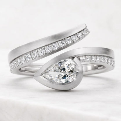 Pear Cut CZ Wrap Ring  Unique Open Band Toi et Moi Style Ring