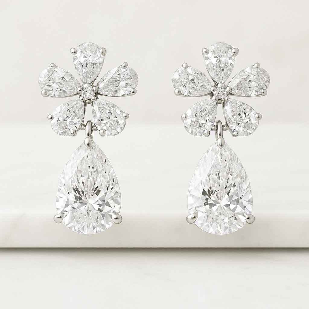 Pear Cut Diamond Cluster Earrings Flower Studs  Lab Grown Diamonds 14K Gold Earrings