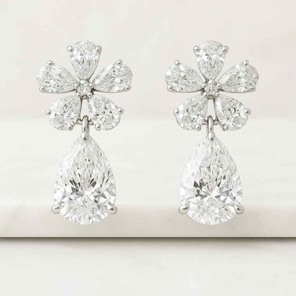 Pear Cut Diamond Cluster Earrings Flower Studs  Lab Grown Diamonds 14K Gold Earrings