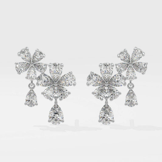 Pear Cut Diamond Flower Petals Drop Earrings