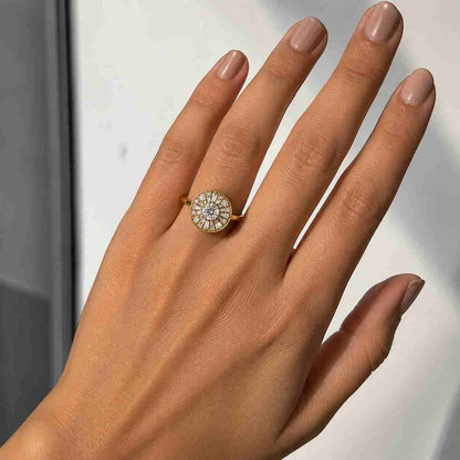 Pear Cut Diamond Sunburst Ring, 2 Carat Lab Grown Diamond Engagement Ring For Women, 14K Gold Halo Wedding Ring, Round Accent Ring For Her
