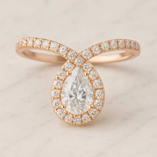 Pear Cut Double Halo Engagement Ring Champagne Pear with Round cut Double Halo Bridal Silver Ring